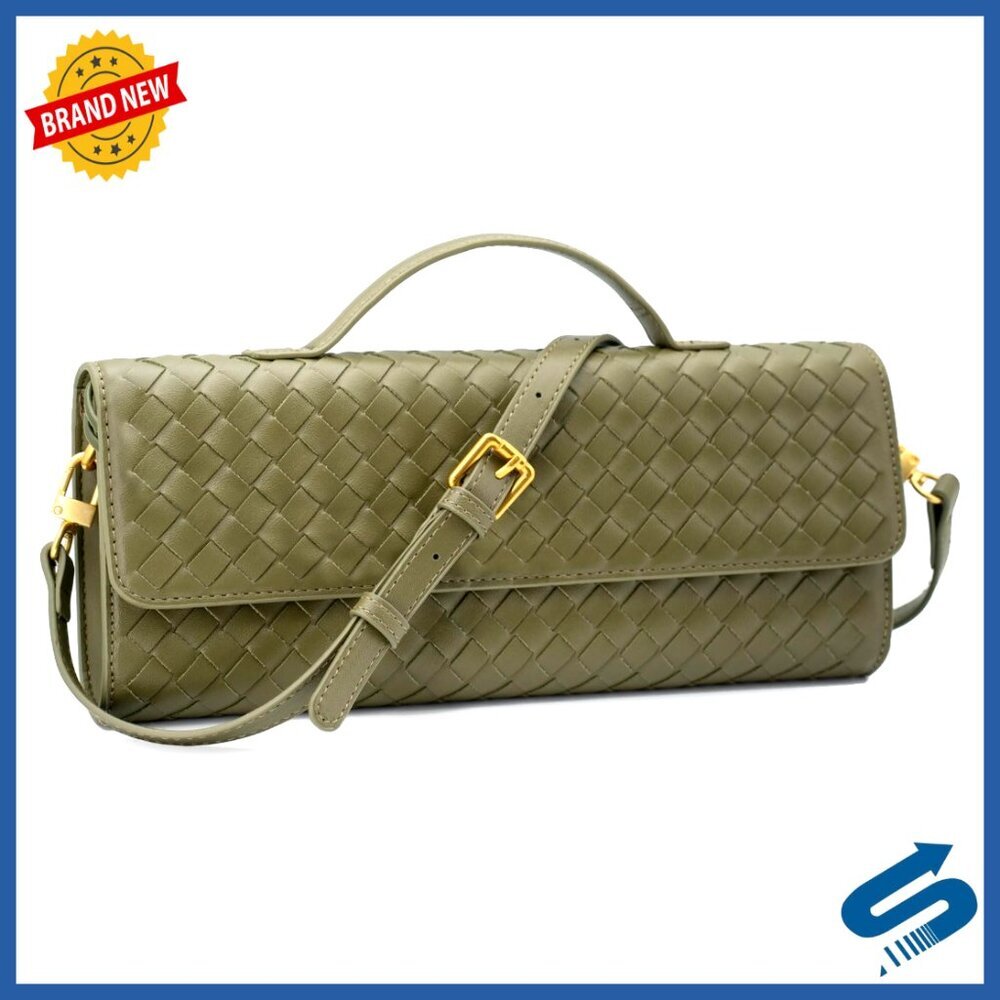 Medium Leather Woven Clutch with Detachable Strap Top Handle Evening Bag